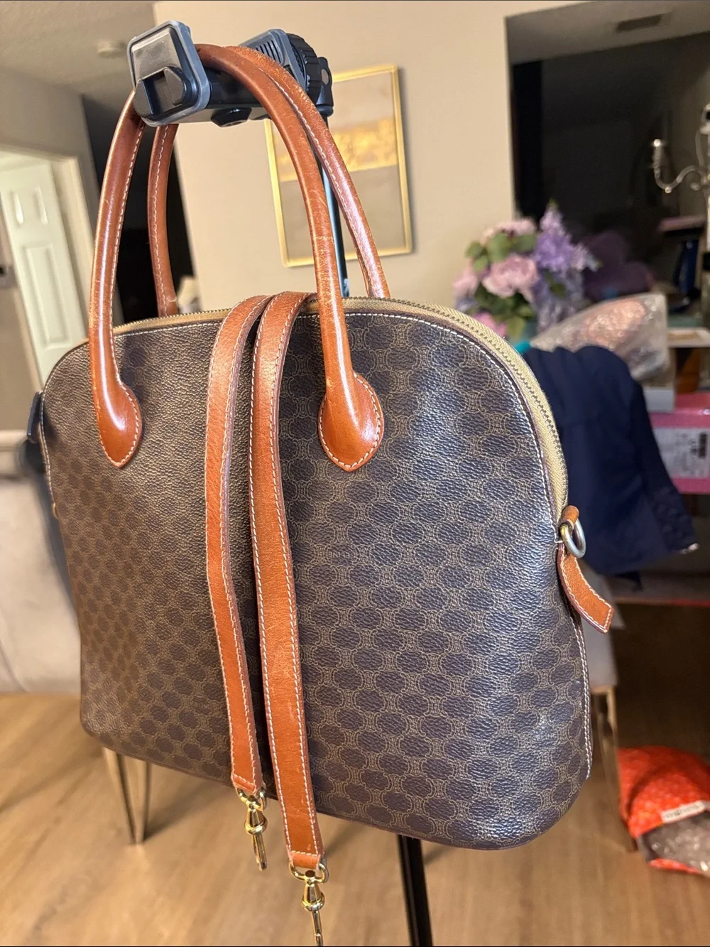 Celine Brown Monogram Messenger Bag with Tan Leather Trim